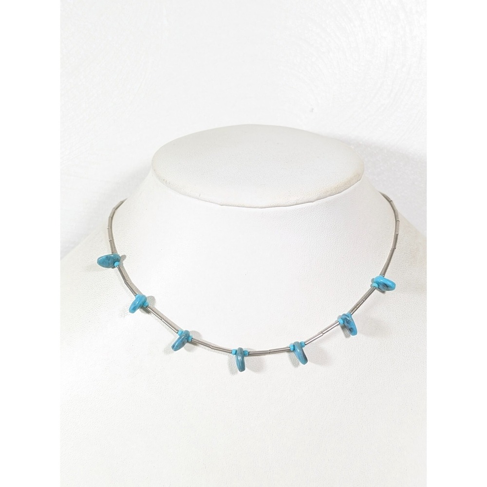 Vintage Western Faux Turquoise Blue Stone Silver Tone Bar Chain Necklace 15 inch